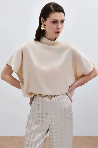 Batwing Sleeve Slouchy Blouse - Beige-Beige - 7