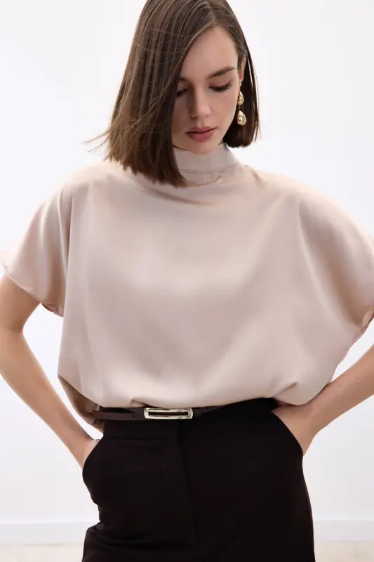 Batwing Sleeve Slouchy Blouse - Beige-Beige - 4