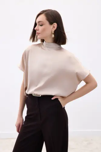 Batwing Sleeve Slouchy Blouse - Beige-Beige - 5