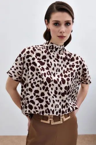 Batwing Sleeve Slouchy Blouse - Beige-Brown-Beige - 4