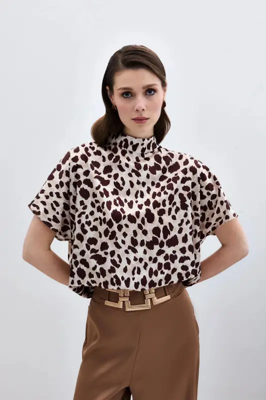 Batwing Sleeve Slouchy Blouse - Beige-Brown-Beige - 6