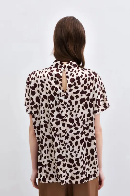 Batwing Sleeve Slouchy Blouse - Beige-Brown-Beige - 7