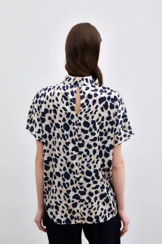 Batwing Sleeve Slouchy Blouse - Beige-Navy-Beige - 6