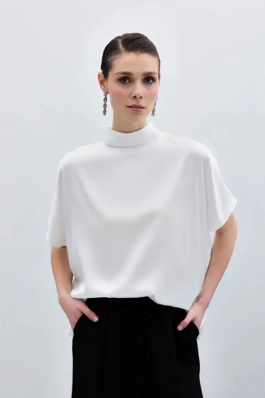 Batwing Sleeve Slouchy Blouse - Ecru-Ecru - 3