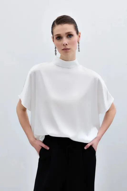 Batwing Sleeve Slouchy Blouse - Ecru-Ecru - 5