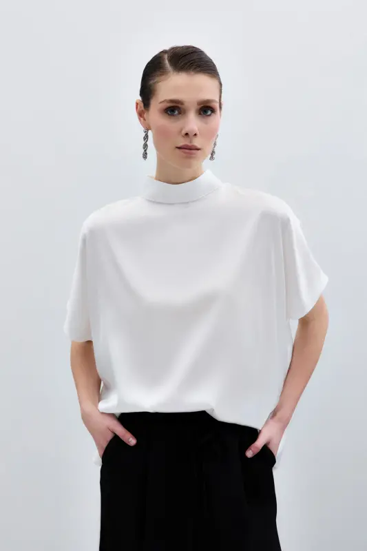 Batwing Sleeve Slouchy Blouse - Ecru-Ecru - 3