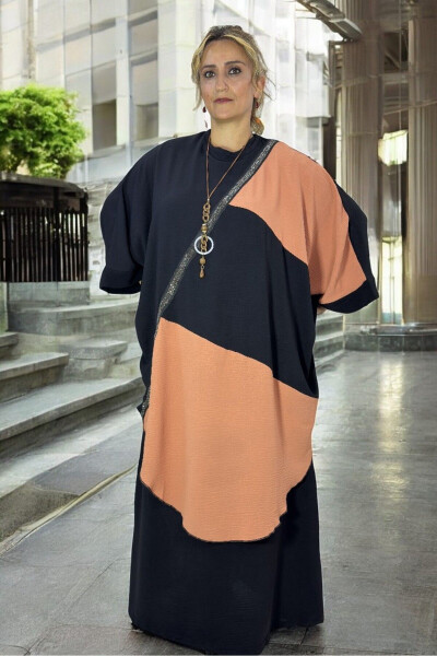 BATWING SLEEVE STONE EMBELLISHED PONCHO COMFORTABLE CUT FLARE DRESS PLUS SIZE TWO PIECE AEROBINE DRESS - YAGMURBEREN