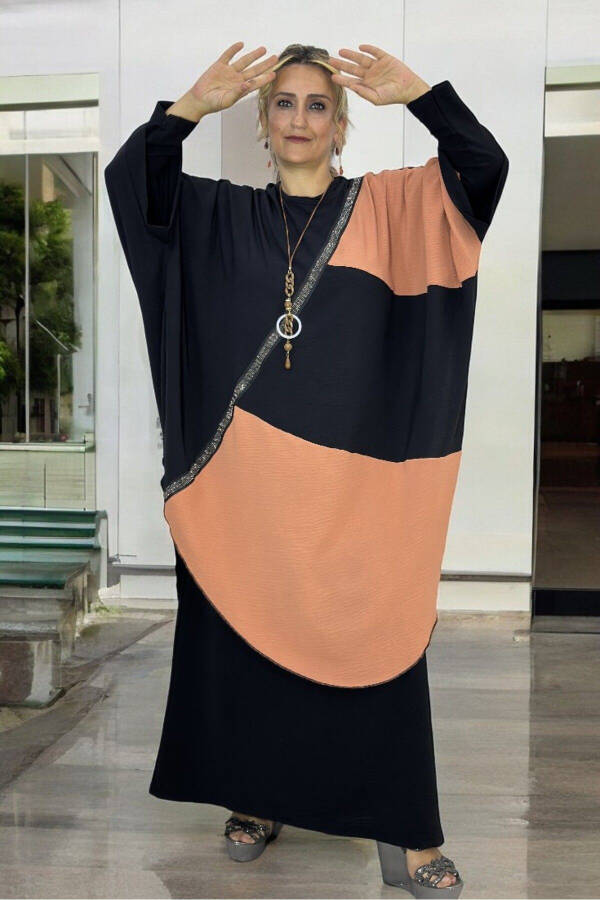 BATWING SLEEVE STONE EMBELLISHED PONCHO COMFORTABLE CUT FLARE DRESS PLUS SIZE TWO PIECE AEROBINE DRESS - 5