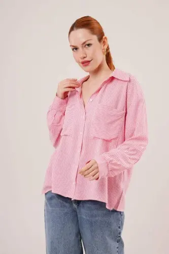 Batwing Sleeve Striped Pocket Detail Pink Shirt - 1