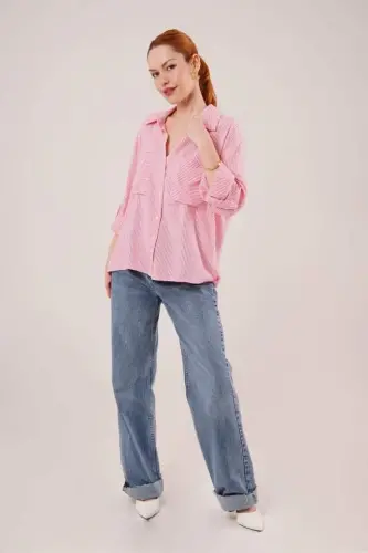 Batwing Sleeve Striped Pocket Detail Pink Shirt - BÜYÜKBEDENIZ (1)