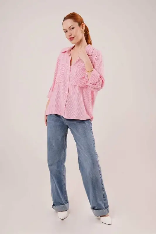 Batwing Sleeve Striped Pocket Detail Pink Shirt - 2