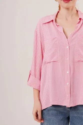 Batwing Sleeve Striped Pocket Detail Pink Shirt - 3