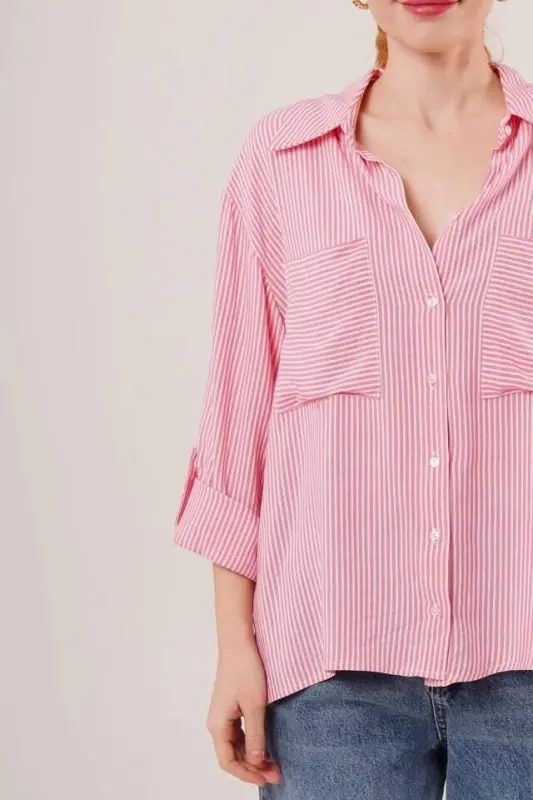 Batwing Sleeve Striped Pocket Detail Pink Shirt - 3