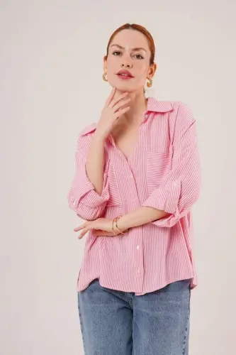 Batwing Sleeve Striped Pocket Detail Pink Shirt - 4