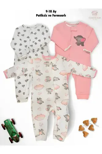 Baxtli Fillar %100 Tabiiy Paxta 3 Talik Chaqaloq Kombinezoni 0-18 Oy (UNISEX)-paxta - 1