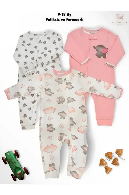 Baxtli Fillar %100 Tabiiy Paxta 3 Talik Chaqaloq Kombinezoni 0-18 Oy (UNISEX)-paxta - 1