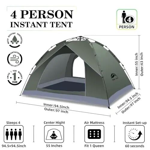Happy Travel 1/2/3/4 Person Camping Tent, Instant Easy Pop Up Tents for Camping,Automatic Waterproof Family Camping Tent, Easy Set Up Tent,Portable Windproof Dome Tent for Camping Hiking & Traveling - 2