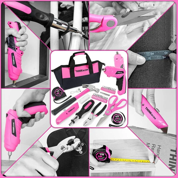 THINKWORK 41-Piece Pink Tool Kit for Women - Lady’s Tool Set with Rechargeable 3.6V Electric Screwdriver & Wide-Access Tool Bag, Ideal for Home DIY and Daily Maintenance - THINKWORK (1)