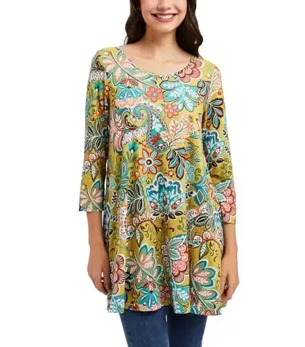 ENMAIN Tunic Tops for Women 3/4 Sleeve Plus Size Women's Tunics Loose Fit Floral Swing Flare Ladies Blouse for Leggings 