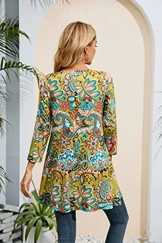 ENMAIN Tunic Tops for Women 3/4 Sleeve Plus Size Women's Tunics Loose Fit Floral Swing Flare Ladies Blouse for Leggings - ENMAIN (1)