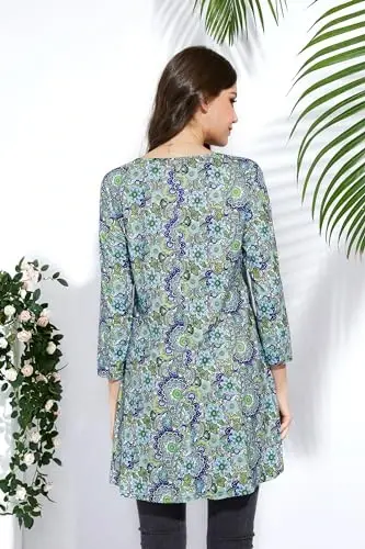 ENMAIN Tunic Tops for Women 3/4 Sleeve Plus Size Women's Tunics Loose Fit Floral Swing Flare Ladies Blouse for Leggings - 2