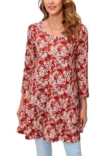 ENMAIN Tunic Tops for Women 3/4 Sleeve Plus Size Women's Tunics Loose Fit Floral Swing Flare Ladies Blouse for Leggings - ENMAIN
