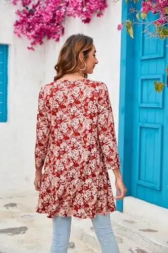 ENMAIN Tunic Tops for Women 3/4 Sleeve Plus Size Women's Tunics Loose Fit Floral Swing Flare Ladies Blouse for Leggings - 2