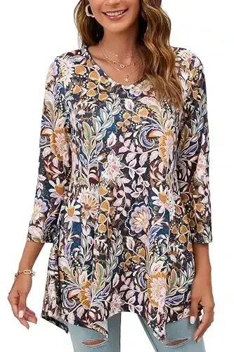 ENMAIN Tunic Tops for Women 3/4 Sleeve Plus Size Women's Tunics Loose Fit Floral Swing Flare Ladies Blouse for Leggings 