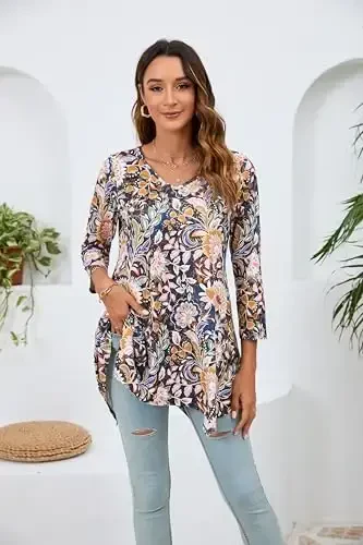 ENMAIN Tunic Tops for Women 3/4 Sleeve Plus Size Women's Tunics Loose Fit Floral Swing Flare Ladies Blouse for Leggings - 2