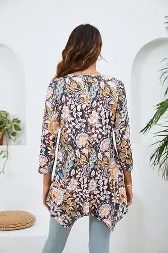 ENMAIN Tunic Tops for Women 3/4 Sleeve Plus Size Women's Tunics Loose Fit Floral Swing Flare Ladies Blouse for Leggings - 3