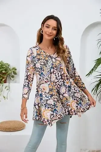 ENMAIN Tunic Tops for Women 3/4 Sleeve Plus Size Women's Tunics Loose Fit Floral Swing Flare Ladies Blouse for Leggings - 4