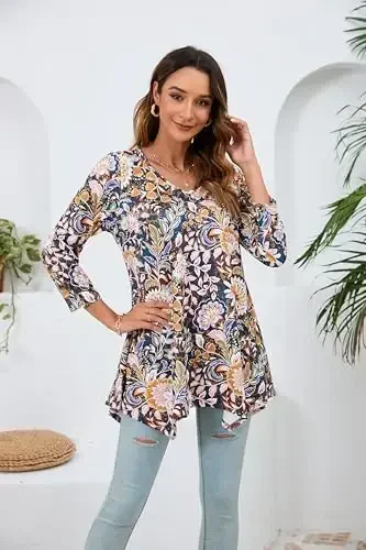 ENMAIN Tunic Tops for Women 3/4 Sleeve Plus Size Women's Tunics Loose Fit Floral Swing Flare Ladies Blouse for Leggings - 5