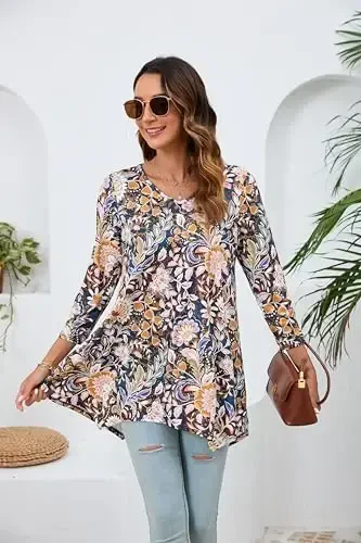 ENMAIN Tunic Tops for Women 3/4 Sleeve Plus Size Women's Tunics Loose Fit Floral Swing Flare Ladies Blouse for Leggings - 6