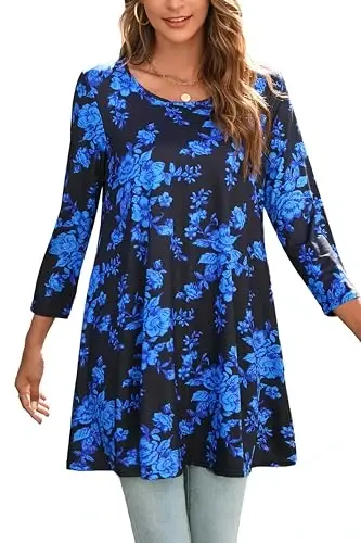 ENMAIN Tunic Tops for Women 3/4 Sleeve Plus Size Women's Tunics Loose Fit Floral Swing Flare Ladies Blouse for Leggings 