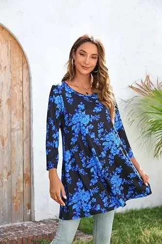 ENMAIN Tunic Tops for Women 3/4 Sleeve Plus Size Women's Tunics Loose Fit Floral Swing Flare Ladies Blouse for Leggings - 4