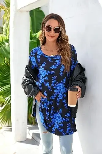ENMAIN Tunic Tops for Women 3/4 Sleeve Plus Size Women's Tunics Loose Fit Floral Swing Flare Ladies Blouse for Leggings - 6