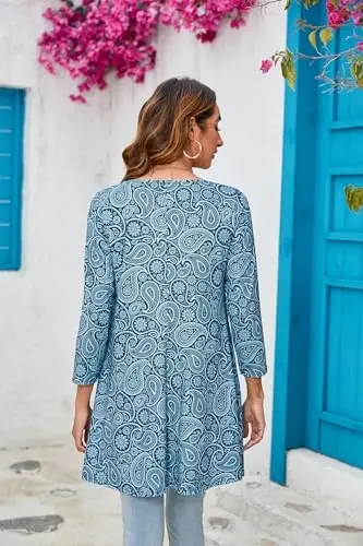 ENMAIN Tunic Tops for Women 3/4 Sleeve Plus Size Women's Tunics Loose Fit Floral Swing Flare Ladies Blouse for Leggings - 2