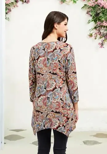 ENMAIN Tunic Tops for Women 3/4 Sleeve Plus Size Women's Tunics Loose Fit Floral Swing Flare Ladies Blouse for Leggings - 2