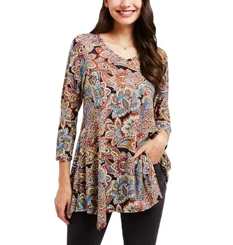 ENMAIN Tunic Tops for Women 3/4 Sleeve Plus Size Women's Tunics Loose Fit Floral Swing Flare Ladies Blouse for Leggings 