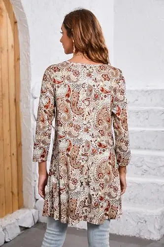 ENMAIN Tunic Tops for Women 3/4 Sleeve Plus Size Women's Tunics Loose Fit Floral Swing Flare Ladies Blouse for Leggings - 2