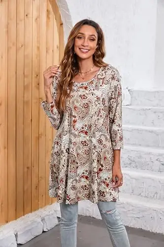 ENMAIN Tunic Tops for Women 3/4 Sleeve Plus Size Women's Tunics Loose Fit Floral Swing Flare Ladies Blouse for Leggings - 3
