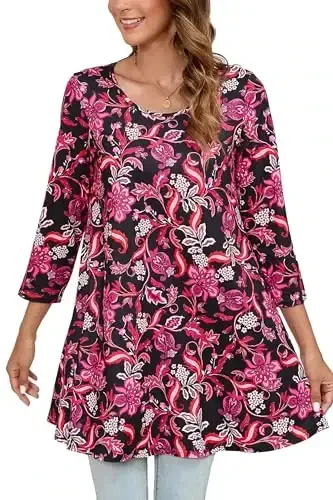 ENMAIN Tunic Tops for Women 3/4 Sleeve Plus Size Women's Tunics Loose Fit Floral Swing Flare Ladies Blouse for Leggings 