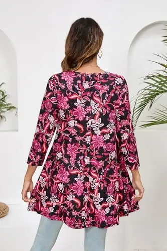ENMAIN Tunic Tops for Women 3/4 Sleeve Plus Size Women's Tunics Loose Fit Floral Swing Flare Ladies Blouse for Leggings - 2