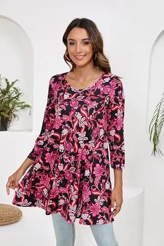 ENMAIN Tunic Tops for Women 3/4 Sleeve Plus Size Women's Tunics Loose Fit Floral Swing Flare Ladies Blouse for Leggings - 5