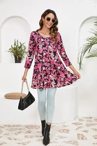 ENMAIN Tunic Tops for Women 3/4 Sleeve Plus Size Women's Tunics Loose Fit Floral Swing Flare Ladies Blouse for Leggings - 6