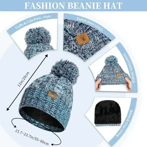 Womens Winter Warm Beanie Hat Touchscreen Gloves Lone Neck Scarf Set with Fleece Lined Pom Skull Cap Gift for Women 3PCS 