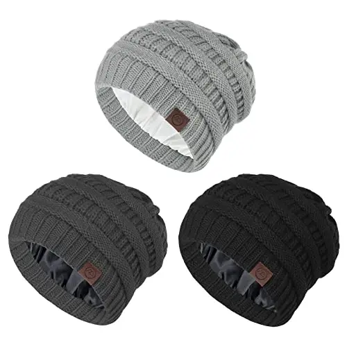 Beanies Women Satin Lined Beanie Winter Hats for Women Silk Lined Slouchy Beanie for Winter Warm Knit Cuffed Beanie Hat - BEANIES