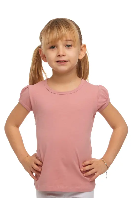 Базовая футболка для девочек с круглым вырезом и рукавами-фонариками, темно-пудровый цвет - DARK POWDER PINK - LOVETTI