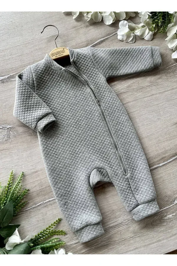 Базовый сезонный стеганый блестящий комбинезон для младенцев, серый - 1