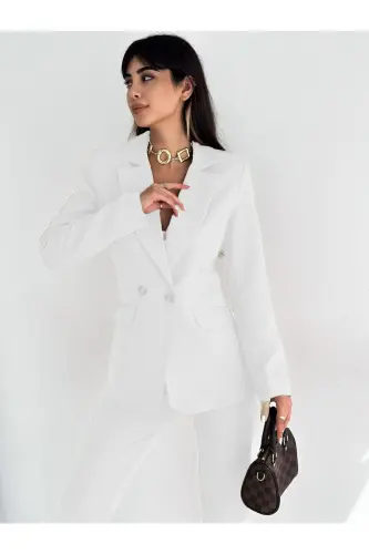 B.Beyaz Kruvaze Blazer Ceket Havuç Pantolon Takım Elbise-B.Beyaz 